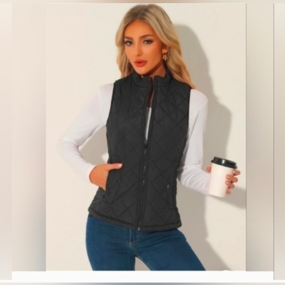Allegra K Stand Collar Lightweight Gilet Quilted Zipper Vest